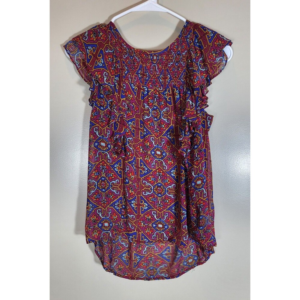 Anthropologie Maeve Geometric Blouse Ruffle Smocked Boho Artsy Peasant Top
